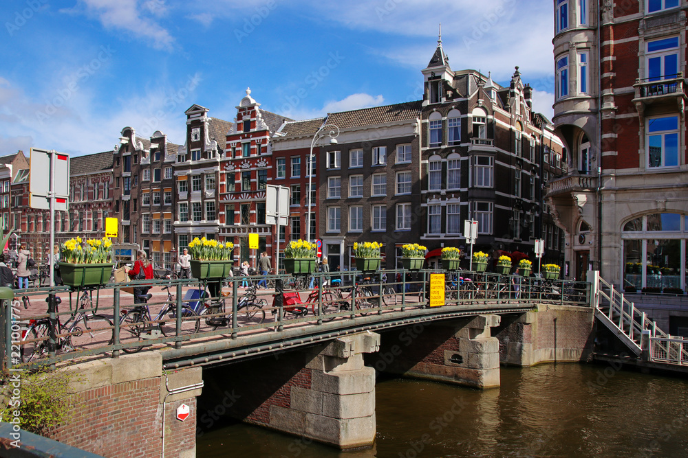 Amsterdam, Blumen auf einer alten Brücke Gracht, blauer Himmel 