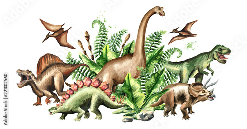 Group of dinosaurs with prehistoric plants. Watercolor hand drawn illustration isolated on white background