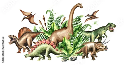 Obraz Grupa dinozaurów z prehistorycznymi roślinami. Akwarela ilustracja na białym tle