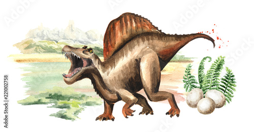 Spinosaurus dinosaur with eggs in prehistorical landscape. Watercolor hand drawn illustration, isolated on white background