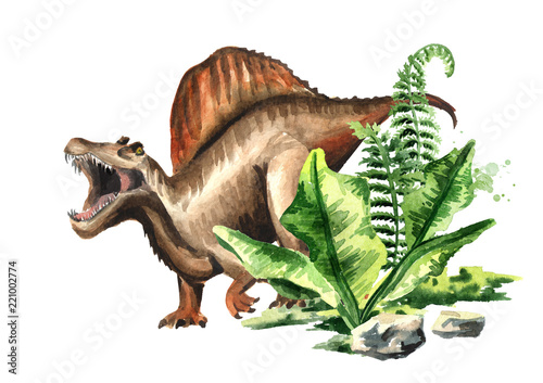 Spinosaurus dinosaur with prehistorical plants. Watercolor hand drawn illustration  isolated on white background