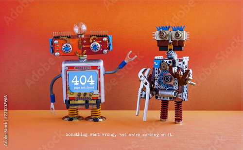 404 error page not found. Serviceman robots with pliers on red orange background. Text message Something went wrong but we are working on it