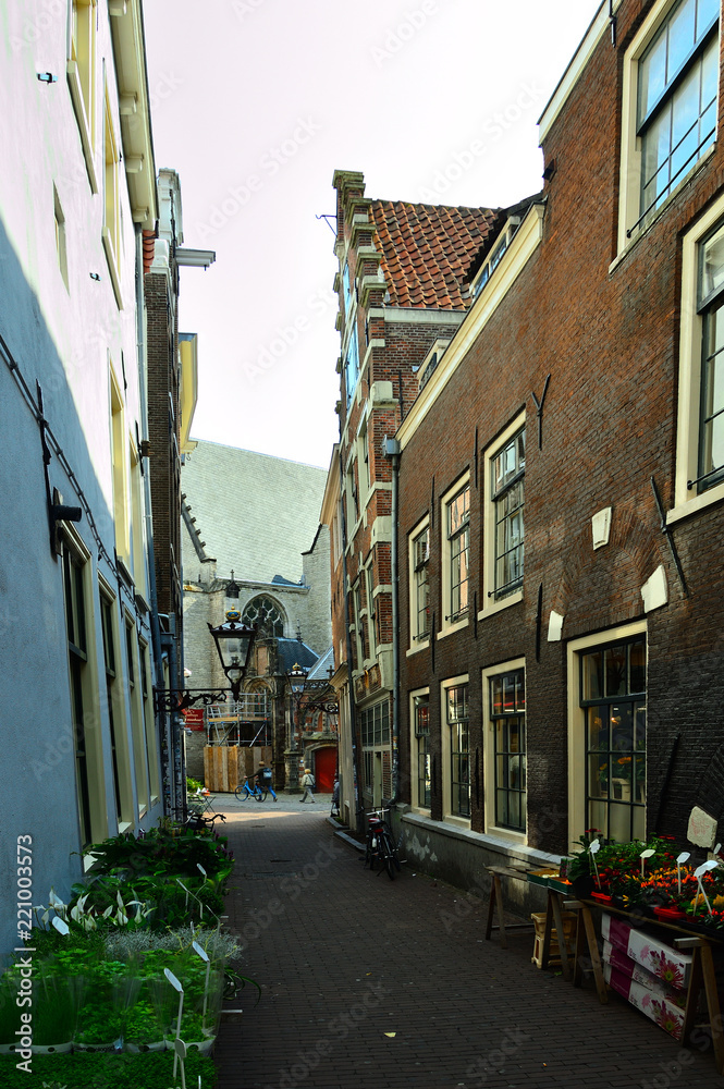 Wąska uliczka w Starówce w Amsterdamie.