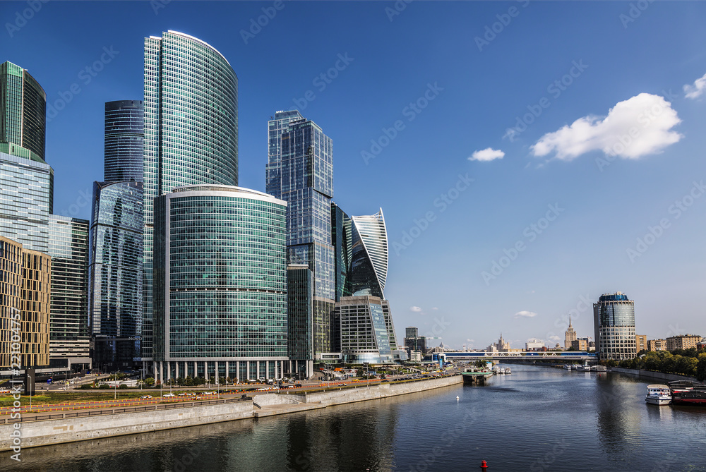 View of the Moscow International Business Center, Moscow River and the Bagration Bridge, Moscow, Russia