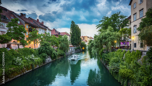Ljubljanica river in the city center. Ljubljana, capital of Slovenia. © Tryfonov