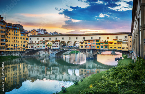 Famous bridge Ponte Vecchio on the river Arno in Florence  Italy. Evening view.