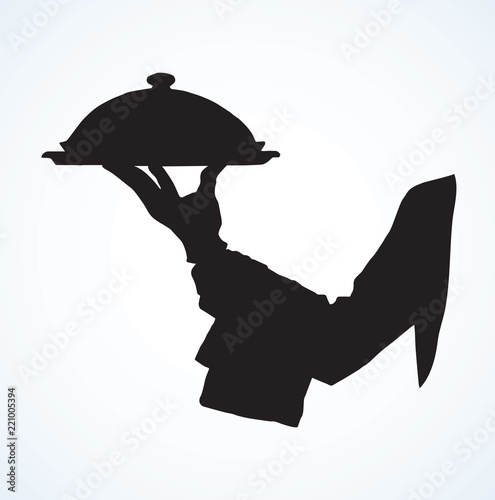 Hand of waiter with dish. Vector drawing