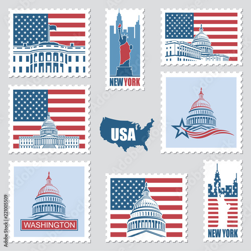 postage stamps set with american symbols statue of liberty, capitol building and white house