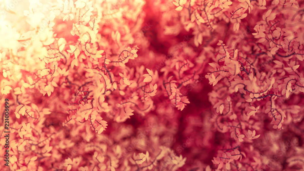 Fototapeta premium Beautiful pink background with leaves, season of the year. 3d illustration, 3d rendering.