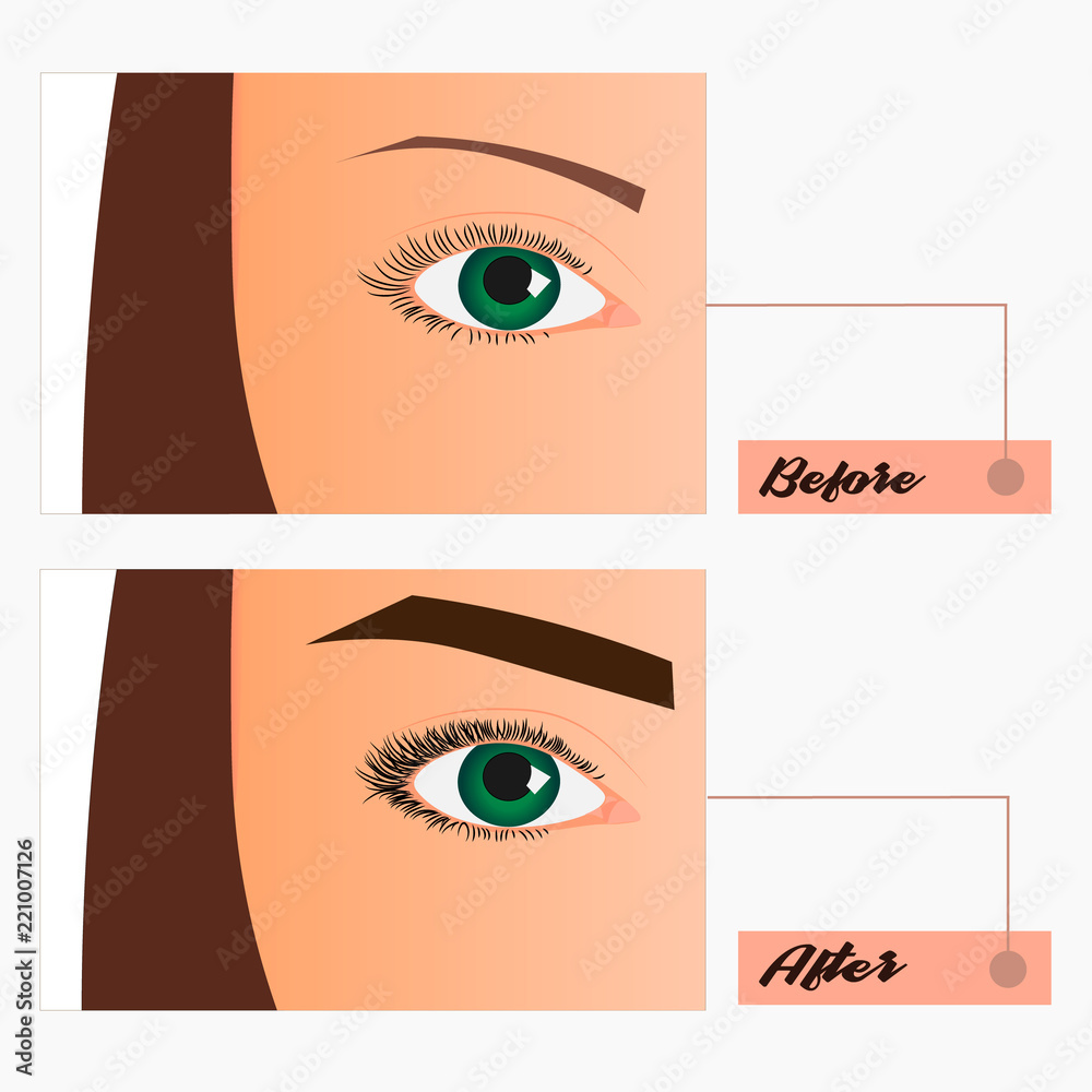 Eyebrows desing and eyelashes extension. Set of wellgroomed and shaggy