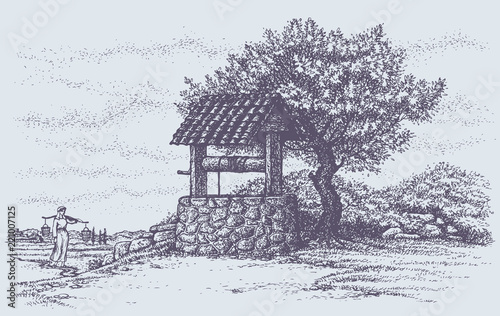 Vector image. Flowering tree near the well