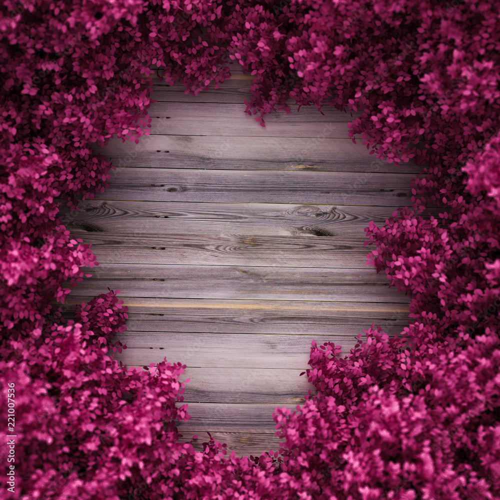 Beautiful pink background with leaves and wood texture, season of the year. 3d illustration, 3d rendering.