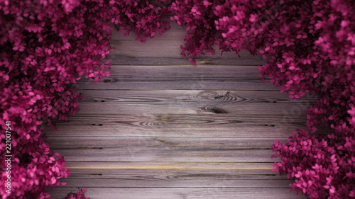 Beautiful pink background with leaves and wood texture, season of the year. 3d illustration, 3d rendering. © Pierell