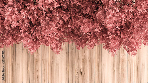 Beautiful pink background with leaves and wood texture, season of the year. 3d illustration, 3d rendering. photo