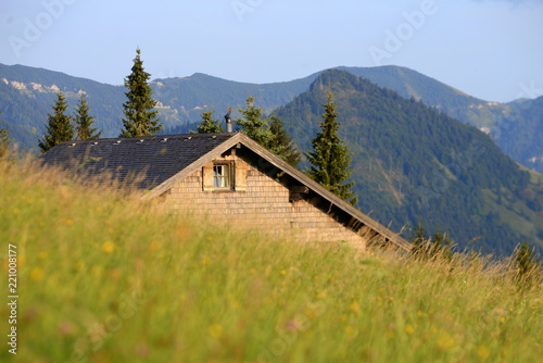 Haus in den Bergen. Versteckte Holzhütte zwischen Wiesen und Wald in den Bergen an einem sonnigen Tag