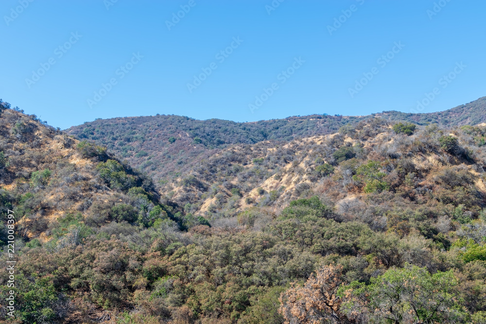 Late summer in Southern California mountains with dry hillsides and deep blue sky