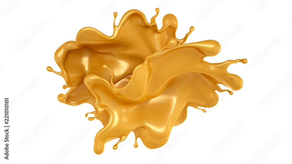 Golden yellow splash of caramel. 3d illustration, 3d rendering. Golden yellow splash of caramel. 3d illustration, 3d rendering.