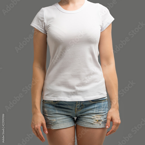 T-shirt design and people concept - close up of young woman in blank white t-shirt, shirt front and rear isolated. Mock up.