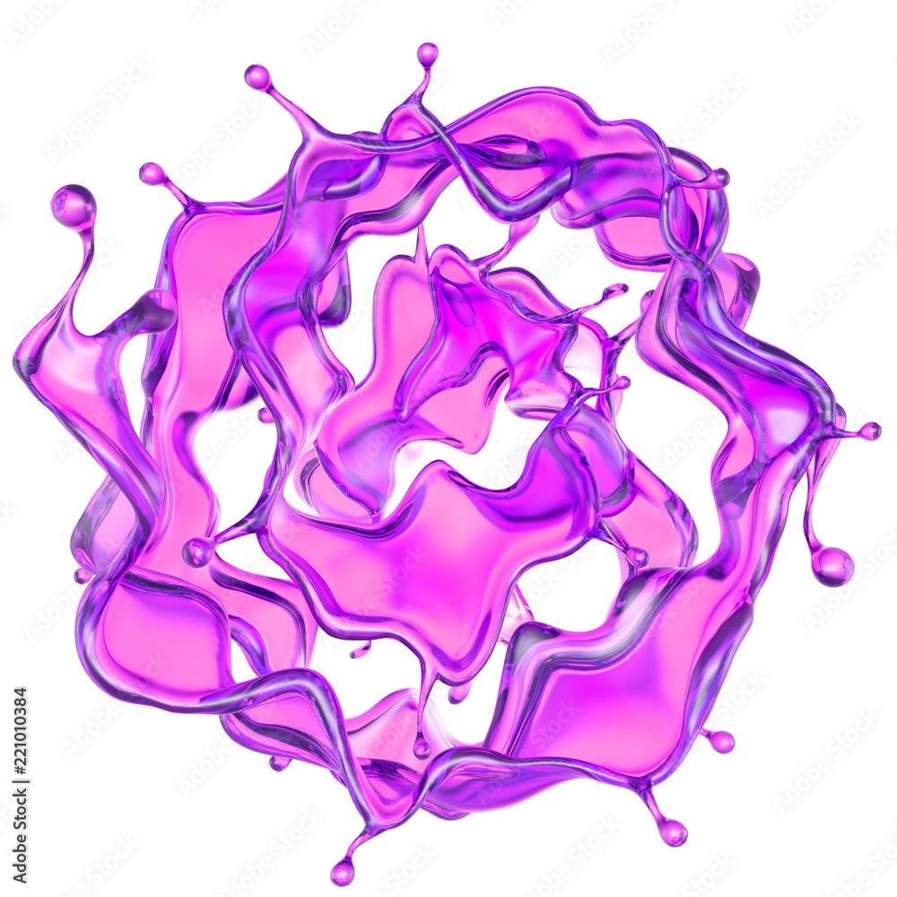 A splash of transparent purple liquid on a white background. 3d illustration, 3d rendering. A splash of transparent purple liquid on a white background. 3d illustration, 3d rendering.