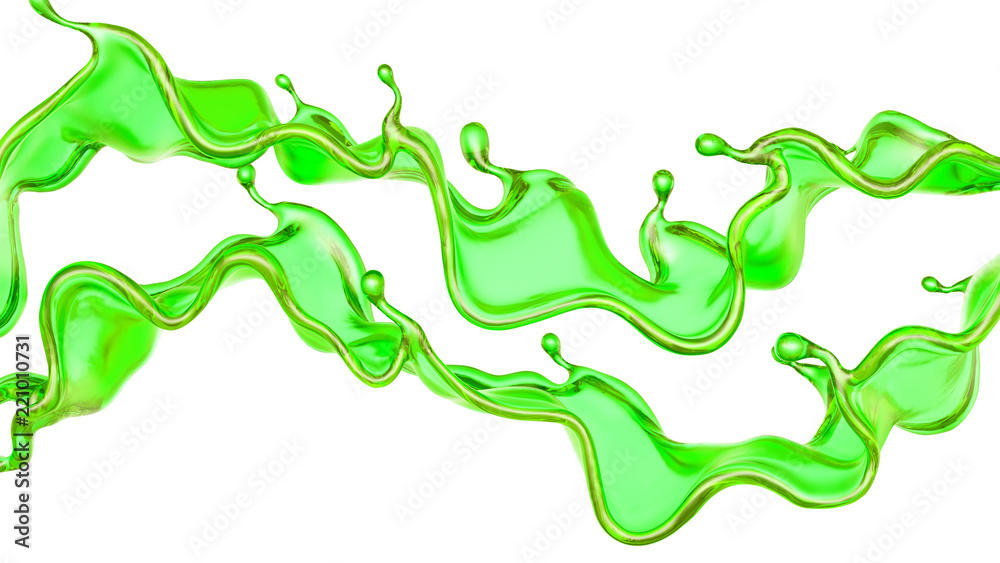 A splash of a transparent green liquid on a white background. 3d illustration, 3d rendering. A splash of a transparent green liquid on a white background. 3d illustration, 3d rendering.