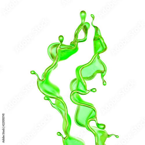A splash of a transparent green liquid on a white background. 3d illustration  3d rendering.