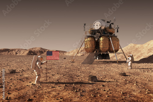 Fototapeta Naklejka Na Ścianę i Meble -  Astronauts Set An American Flag On The Planet Mars. 3D Illustration.