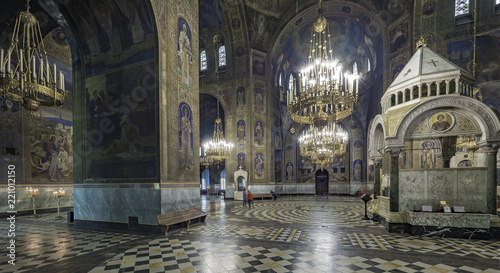 Sofia, Bulgaria. Circa July 2018. Panorama view of the interior of Alexander Nevsky cathedral