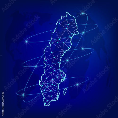 Global logistics network concept. Communications network map Sweden on the world background. Map of  Sweden  with nodes in polygonal style. Vector illustration EPS10. 