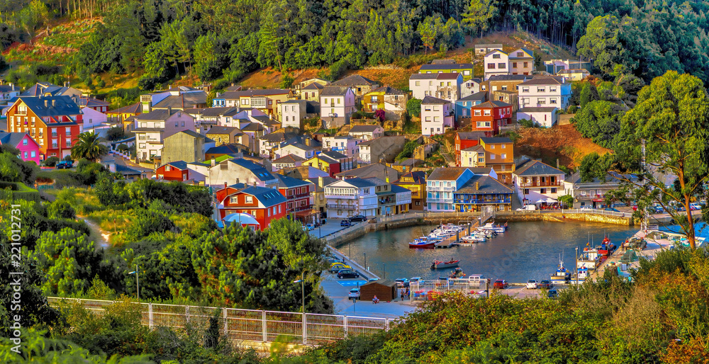 Naklejka premium Panoramic view of O Barqueiro, a fishing village in Galicia, Spain.