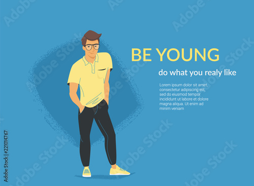 Young student standing alone in casual pose. Flat vector illustration for website and landing page design of friendly teenage character isolated on blue background