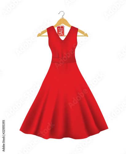 Red dress on a hanger with sale tag, vector