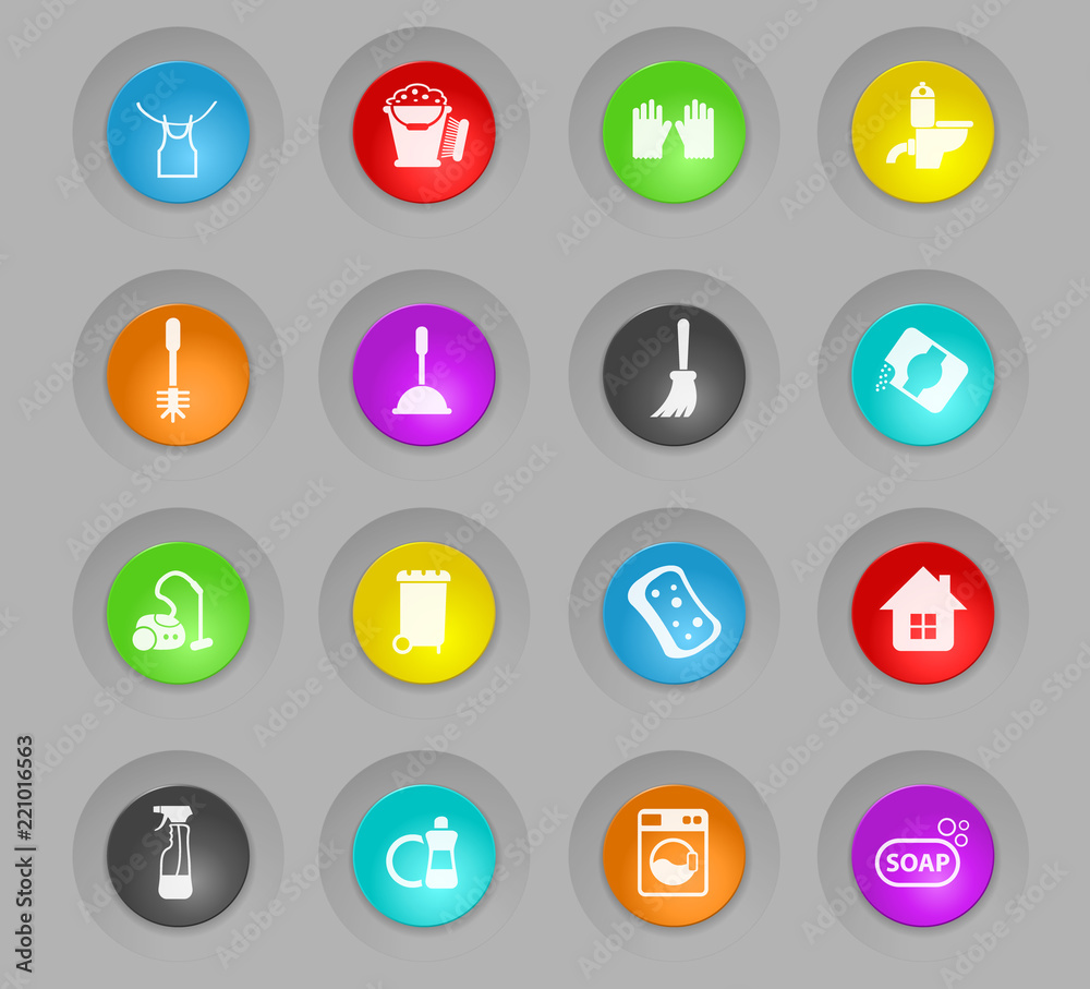 cleaning company colored plastic round buttons icon set