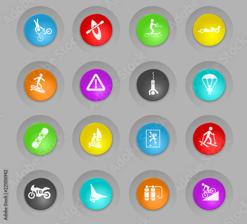 extreme sport colored plastic round buttons icon set