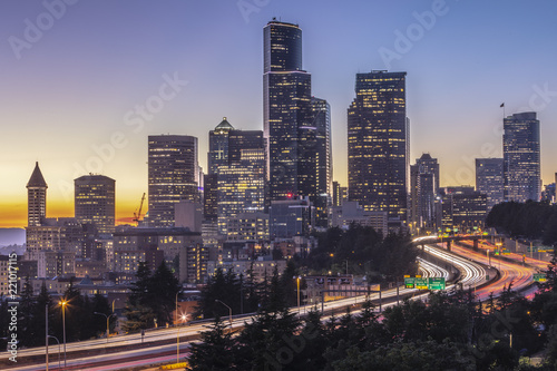 A long exposure of the Seattle skyline with car light trails