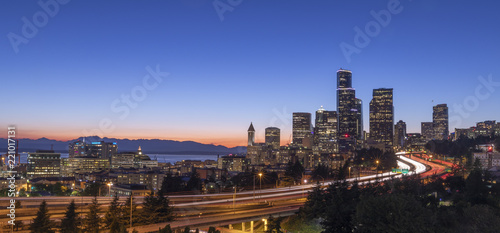 A long exposure of the Seattle skyline with car light trails