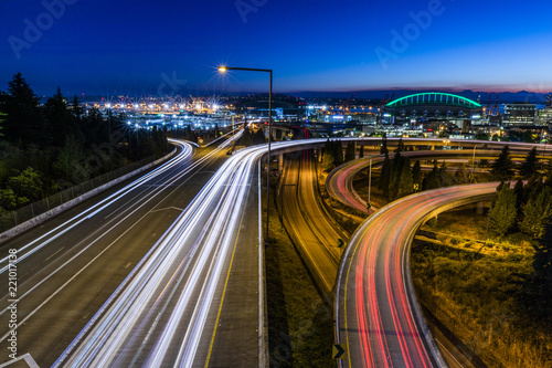 A long exposure of car light trails in Seattle