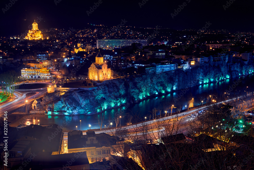 Obraz Top view of the Georgian capital Tbilisi at night