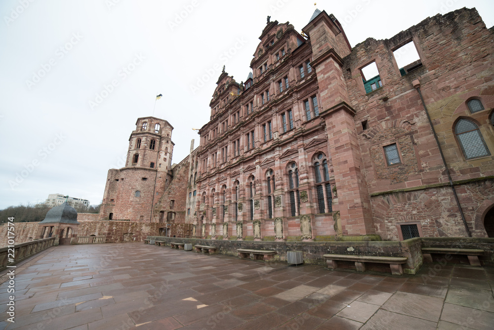 Close view of the ancient ruin and castle of Heidelberg in Germany