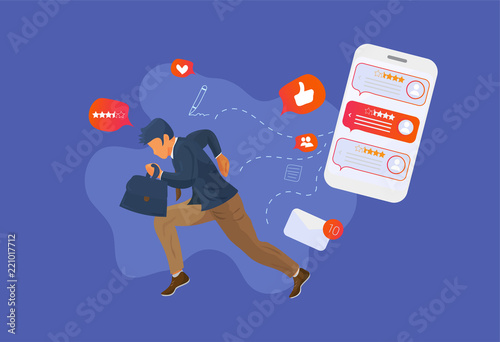 Reputation management vector illustration: running white collar businesmen or business owner from smartphone with reviews and feedbacks. Reputation feedback management concept.