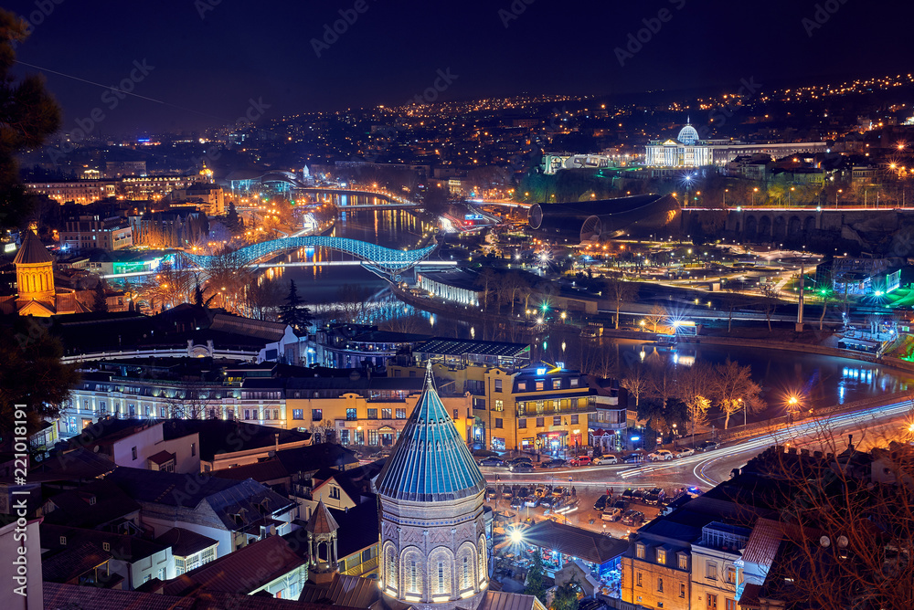 Top view of the Georgian capital Tbilisi at night