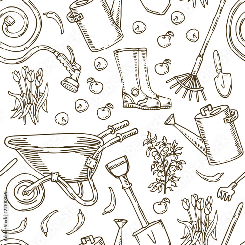 Pattern for Coloring. Garden Tools and Vegetables
