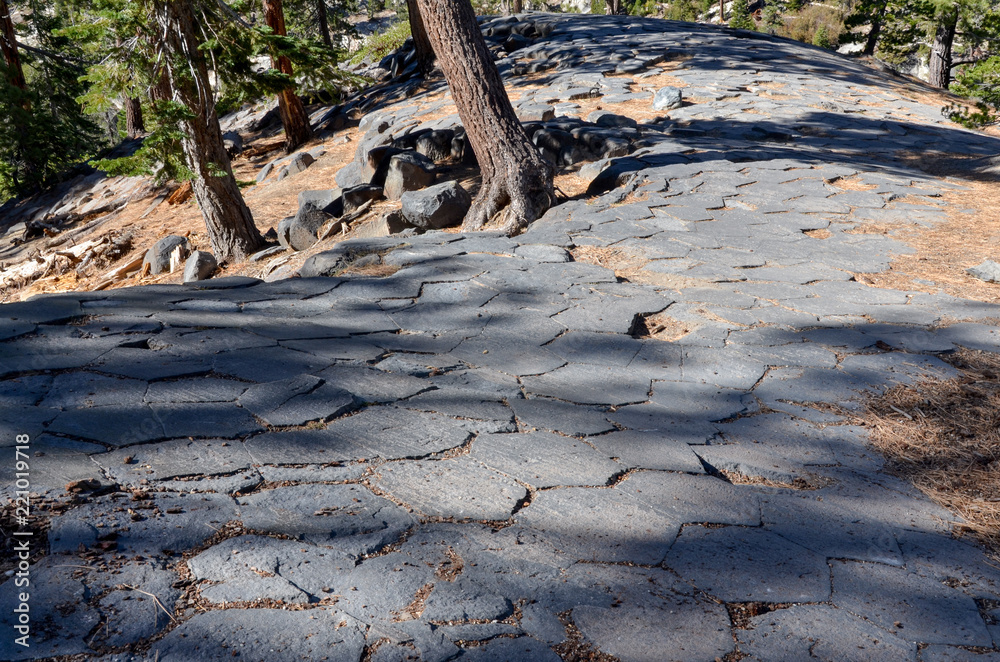 hexagonal pattern of basalt rocks on the top of Devils Postpile National Monument Madera county, California hexagonal pattern of basalt rocks on the top of Devils Postpile National Monument Madera county, California