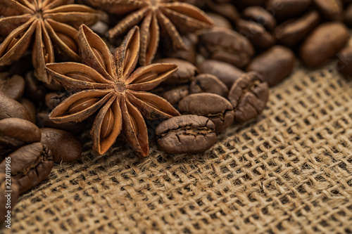 Roasted coffee beans, anise on sackchoth