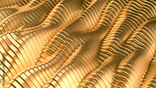 Gold metal background with waves and lines. 3d illustration, 3d rendering.