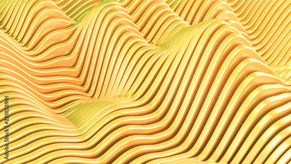 Gold metal background with waves and lines. 3d illustration, 3d rendering. Gold metal background with waves and lines. 3d illustration, 3d rendering.