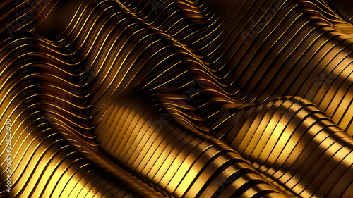 Gold metal background with waves and lines. 3d illustration  3d rendering.