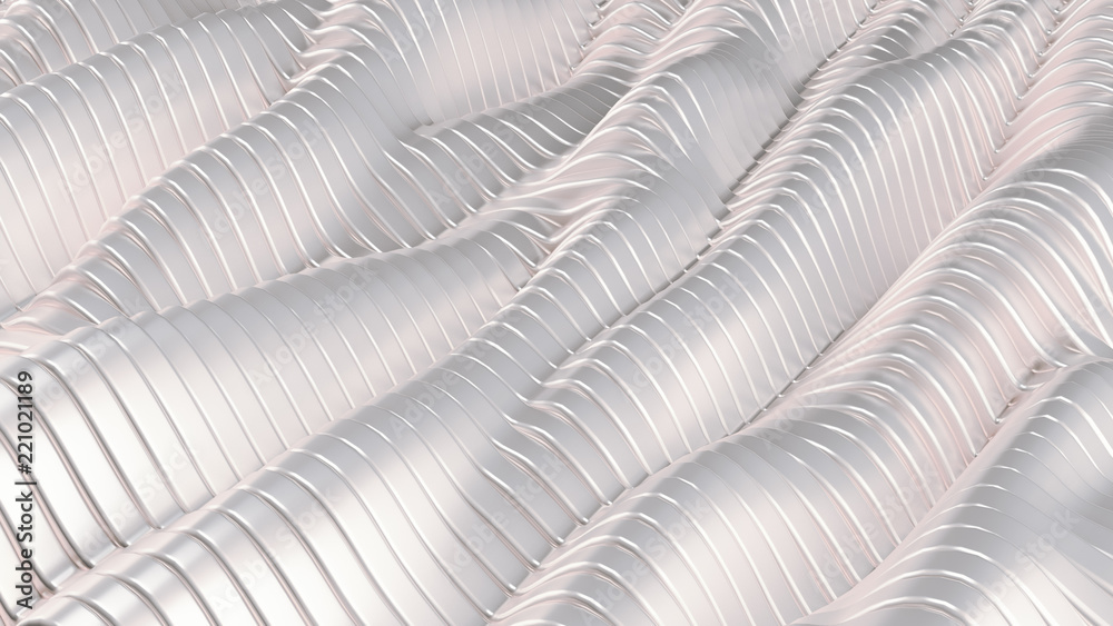White silver metallic background with waves and lines. 3d illustration, 3d rendering.