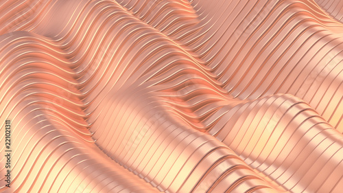 Fototapeta Naklejka Na Ścianę i Meble -  Pink metallic background with waves and lines. 3d illustration, 3d rendering.