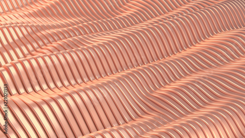 Pink metallic background with waves and lines. 3d illustration, 3d rendering.