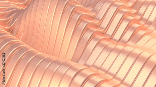 Pink metallic background with waves and lines. 3d illustration, 3d rendering.